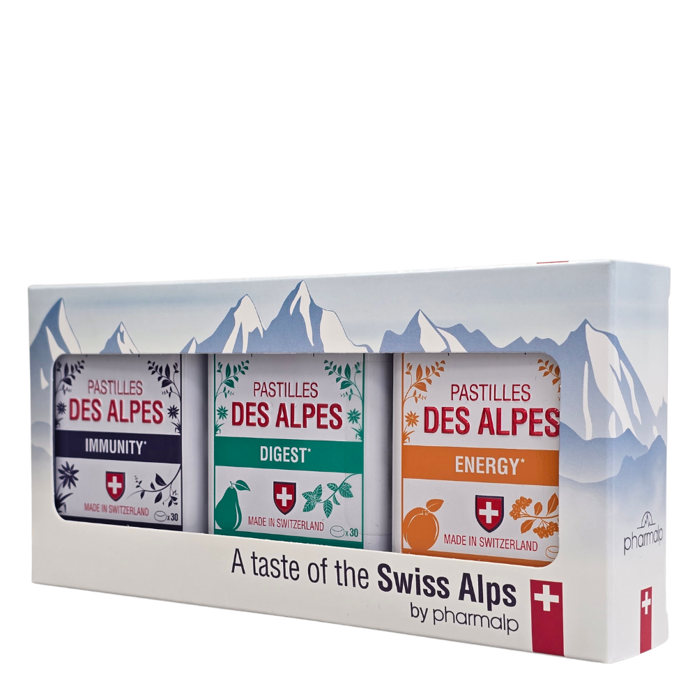 Coffret Pastilles des Alpes Pharmalp — trois boîtes Immunity, Digest et Energy